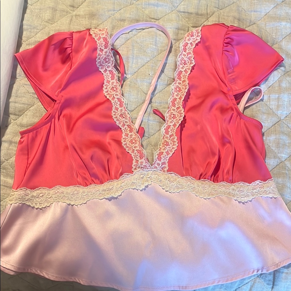 Elegant Pink Lace Trim Tie Top